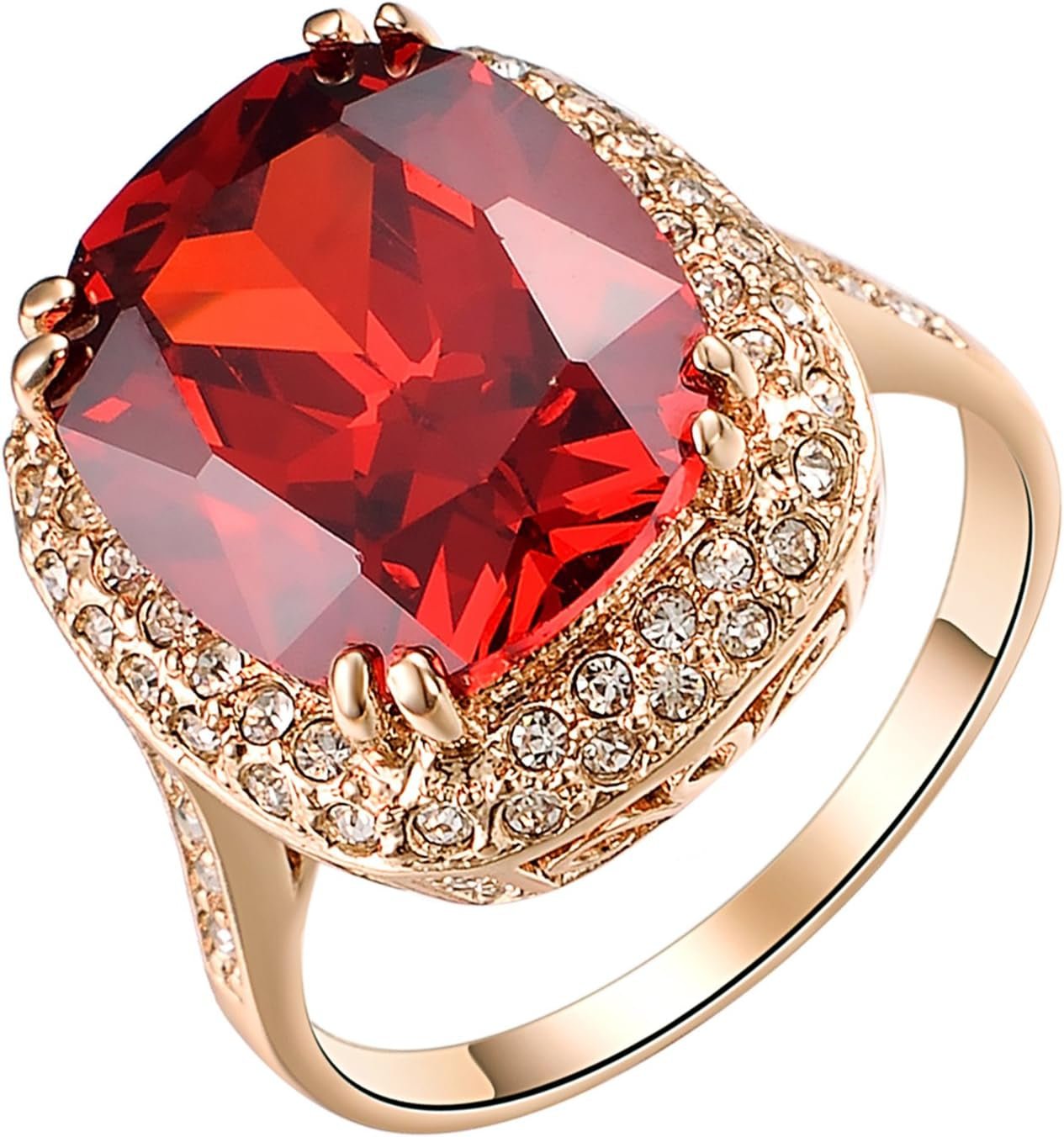 Red Fashion Cz Rings for Women Wedding 18K Rose Gold Plated Big Halo Austrian Crystal Square Cut Cubic Zirconia Costume Jewelry Ruby Ring - WORLD TIME VISITS