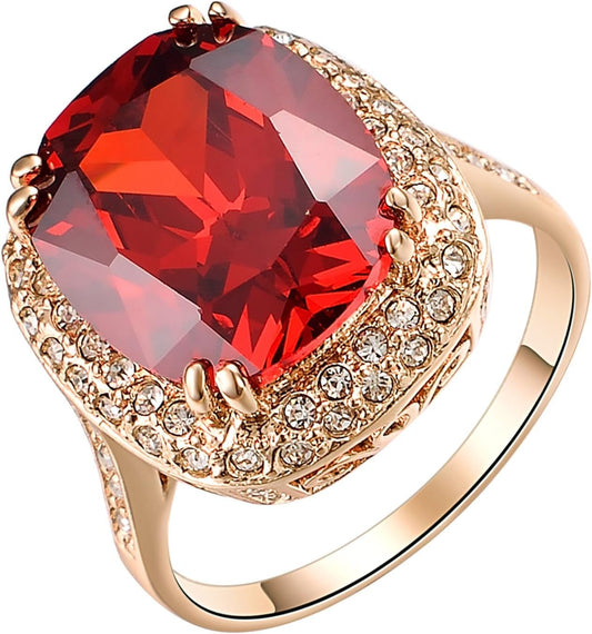 Red Fashion Cz Rings for Women Wedding 18K Rose Gold Plated Big Halo Austrian Crystal Square Cut Cubic Zirconia Costume Jewelry Ruby Ring - WORLD TIME VISITS