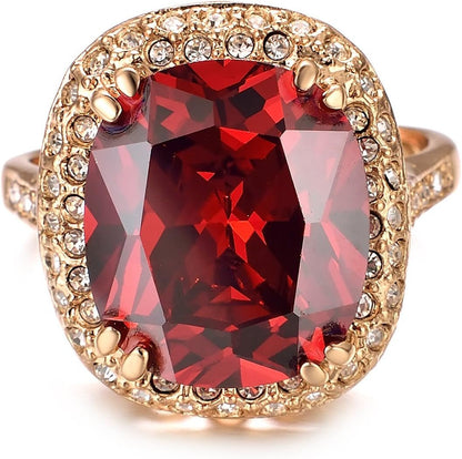 Red Fashion Cz Rings for Women Wedding 18K Rose Gold Plated Big Halo Austrian Crystal Square Cut Cubic Zirconia Costume Jewelry Ruby Ring