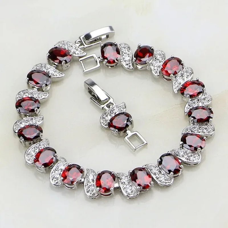 Red Garnet White Topaz 925 Sterling Silver Bridal Jewelry Charm Bracelet for Women Free Gifts Box