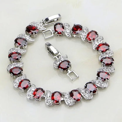Red Garnet White Topaz 925 Sterling Silver Bridal Jewelry Charm Bracelet for Women Free Gifts Box