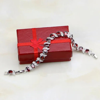 Red Garnet White Topaz 925 Sterling Silver Bridal Jewelry Charm Bracelet for Women Free Gifts Box