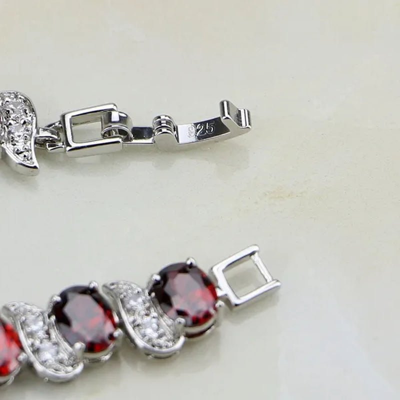 Red Garnet White Topaz 925 Sterling Silver Bridal Jewelry Charm Bracelet for Women Free Gifts Box