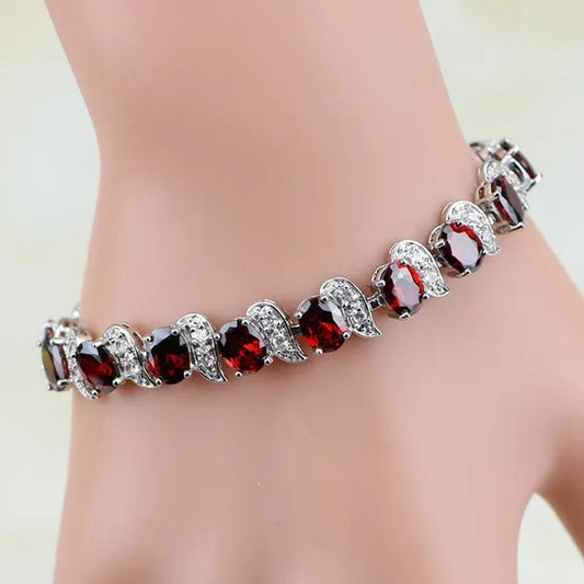 Red Garnet White Topaz 925 Sterling Silver Bridal Jewelry Charm Bracelet for Women Free Gifts Box - WORLD TIME VISITS