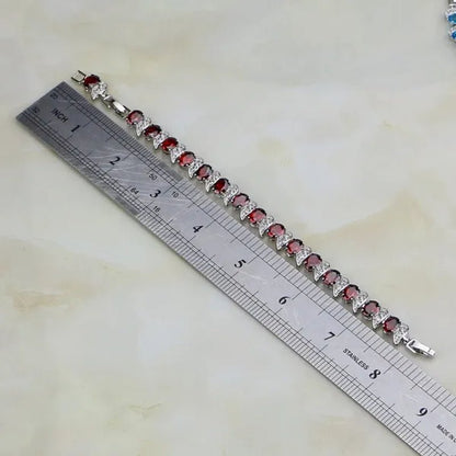 Red Garnet White Topaz 925 Sterling Silver Bridal Jewelry Charm Bracelet for Women Free Gifts Box