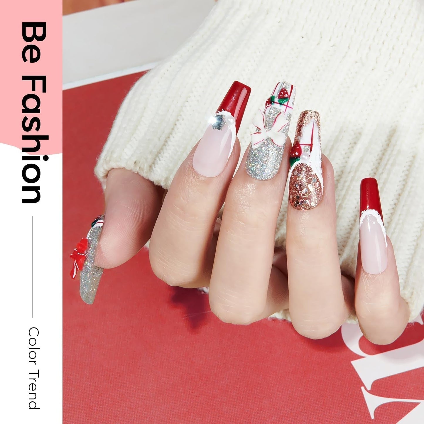 Red Gel Nail Polish Set 6 Colors, White Glitter Sparkle Bright Burgundy Dark Rose Champagne Silver Candy Cane Nail Gel Kit Soak off Nail Art Gel Manicure Salon DIY Gift Women