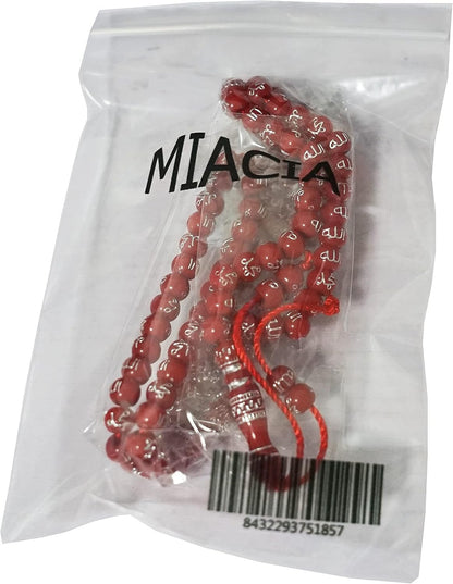 Red Islamic Prayer Beads Necklace (99 Names of Allah) - 7Mm Acrylic Beads, 24.5' Circumference, Gold Plated, Unisex, Muslims - WORLD TIME VISITS