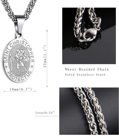Religious Catholicism Amulet Oval Saint Christopher Necklace for Men Women, 316L Stainless Titanium Steel Catholic Patron Saint of Travellers St Christopher Pendant with Chain 23.6 Inches Black / Silver / Gold