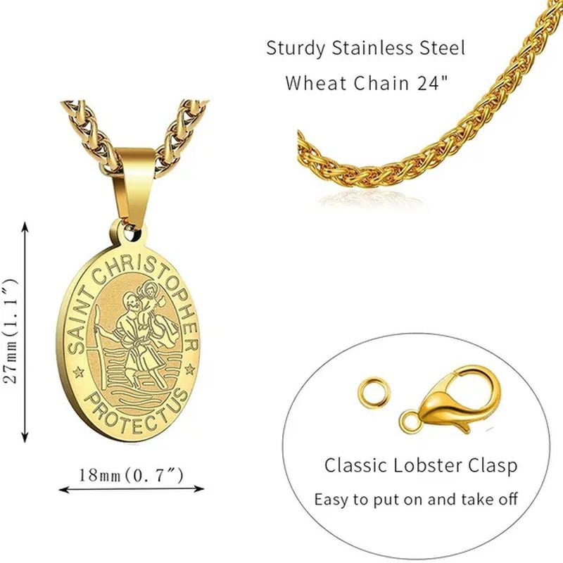 Religious Catholicism Amulet Oval Saint Christopher Necklace for Men Women, 316L Stainless Titanium Steel Catholic Patron Saint of Travellers St Christopher Pendant with Chain 23.6 Inches Black / Silver / Gold