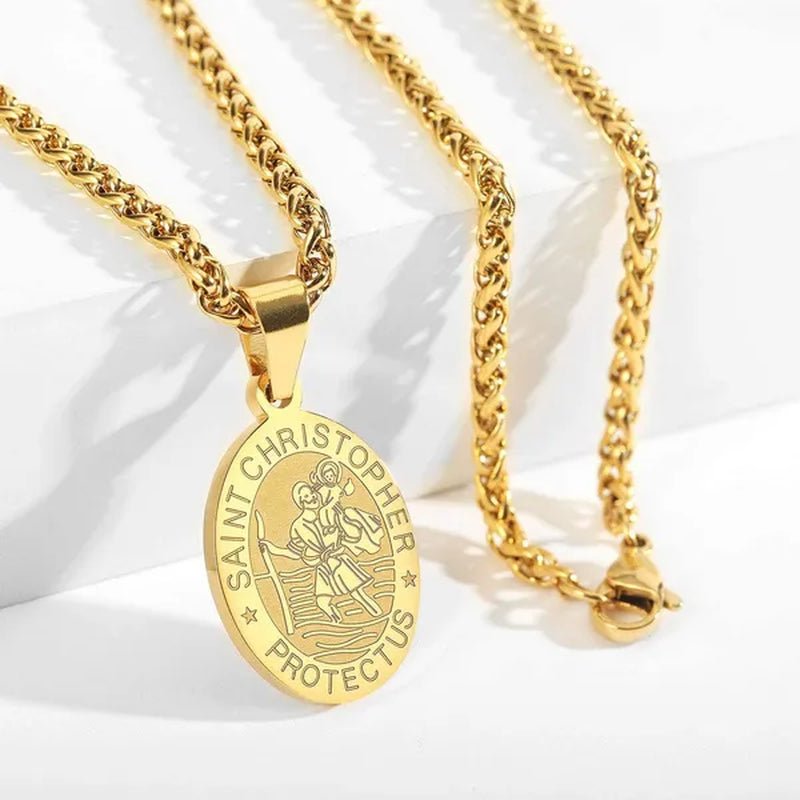 Religious Catholicism Amulet Oval Saint Christopher Necklace for Men Women, 316L Stainless Titanium Steel Catholic Patron Saint of Travellers St Christopher Pendant with Chain 23.6 Inches Black / Silver / Gold