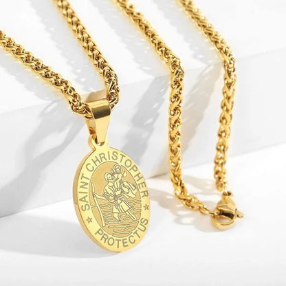 Religious Catholicism Amulet Oval Saint Christopher Necklace for Men Women, 316L Stainless Titanium Steel Catholic Patron Saint of Travellers St Christopher Pendant with Chain 23.6 Inches Black / Silver / Gold