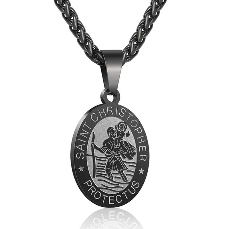 Religious Catholicism Amulet Oval Saint Christopher Necklace for Men Women, 316L Stainless Titanium Steel Catholic Patron Saint of Travellers St Christopher Pendant with Chain 23.6 Inches Black / Silver / Gold - WORLD TIME VISITS