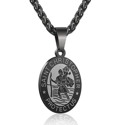 Religious Catholicism Amulet Oval Saint Christopher Necklace for Men Women, 316L Stainless Titanium Steel Catholic Patron Saint of Travellers St Christopher Pendant with Chain 23.6 Inches Black / Silver / Gold - WORLD TIME VISITS