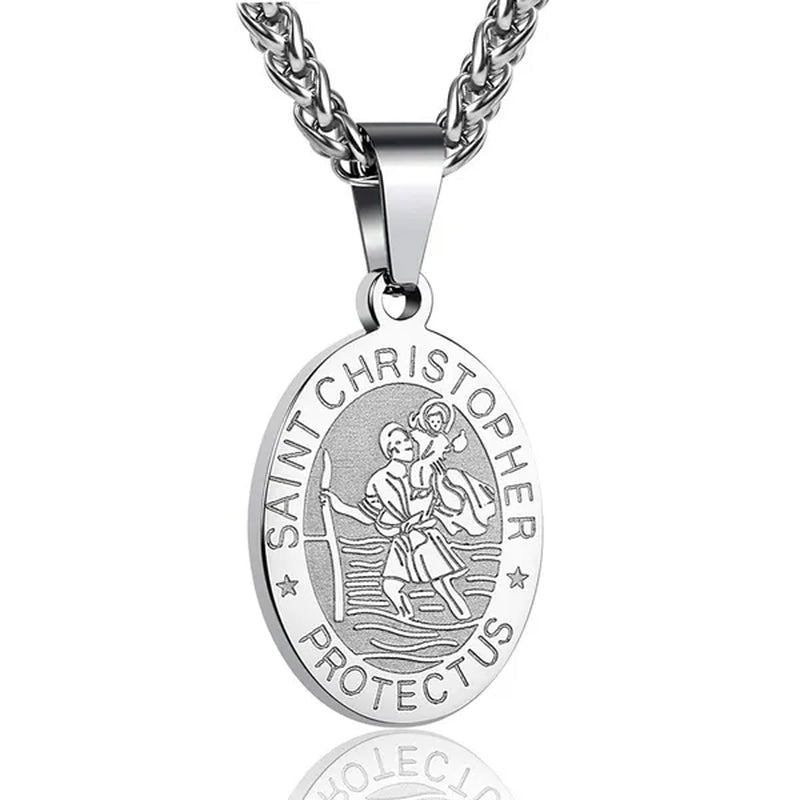 Religious Catholicism Amulet Oval Saint Christopher Necklace for Men Women, 316L Stainless Titanium Steel Catholic Patron Saint of Travellers St Christopher Pendant with Chain 23.6 Inches Black / Silver / Gold - WORLD TIME VISITS