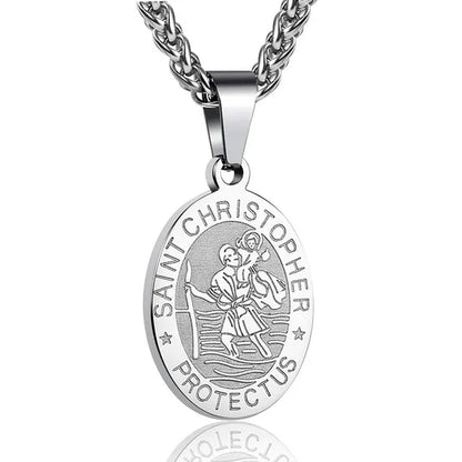 Religious Catholicism Amulet Oval Saint Christopher Necklace for Men Women, 316L Stainless Titanium Steel Catholic Patron Saint of Travellers St Christopher Pendant with Chain 23.6 Inches Black / Silver / Gold - WORLD TIME VISITS