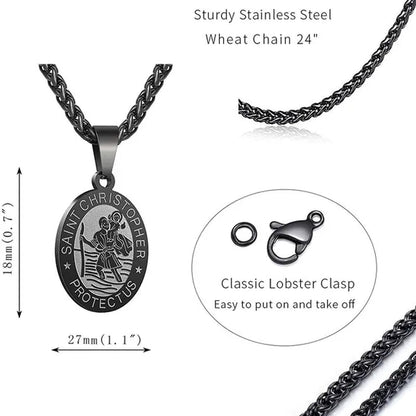 Religious Catholicism Amulet Oval Saint Christopher Necklace for Men Women, 316L Stainless Titanium Steel Catholic Patron Saint of Travellers St Christopher Pendant with Chain 23.6 Inches Black / Silver / Gold