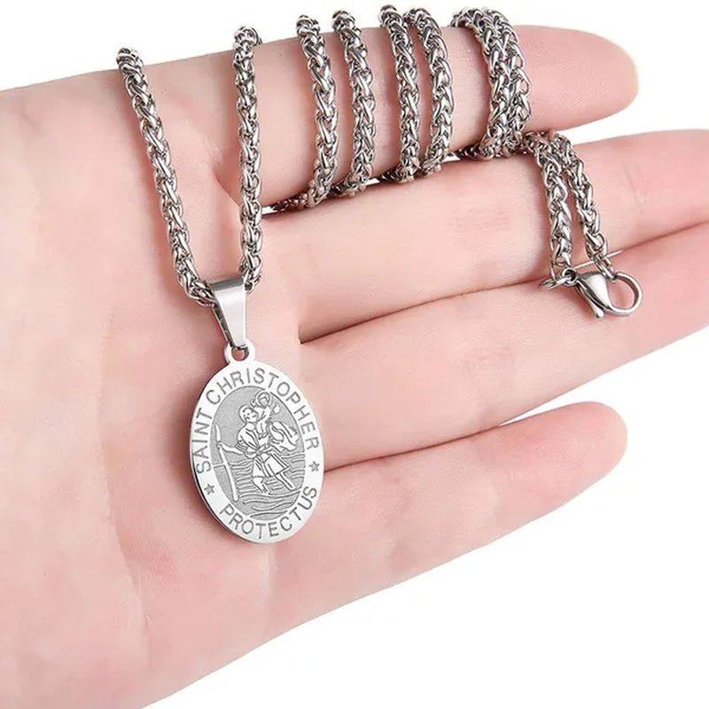 Religious Catholicism Amulet Oval Saint Christopher Necklace for Men Women, 316L Stainless Titanium Steel Catholic Patron Saint of Travellers St Christopher Pendant with Chain 23.6 Inches Black / Silver / Gold - WORLD TIME VISITS