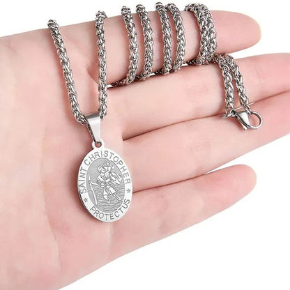 Religious Catholicism Amulet Oval Saint Christopher Necklace for Men Women, 316L Stainless Titanium Steel Catholic Patron Saint of Travellers St Christopher Pendant with Chain 23.6 Inches Black / Silver / Gold - WORLD TIME VISITS