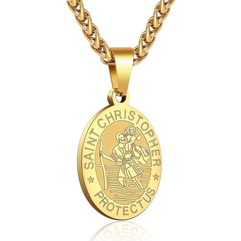 Religious Catholicism Amulet Oval Saint Christopher Necklace for Men Women, 316L Stainless Titanium Steel Catholic Patron Saint of Travellers St Christopher Pendant with Chain 23.6 Inches Black / Silver / Gold - WORLD TIME VISITS