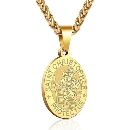 Religious Catholicism Amulet Oval Saint Christopher Necklace for Men Women, 316L Stainless Titanium Steel Catholic Patron Saint of Travellers St Christopher Pendant with Chain 23.6 Inches Black / Silver / Gold - WORLD TIME VISITS