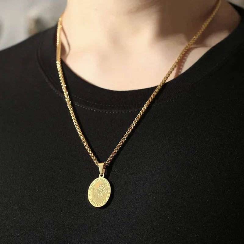 Religious Catholicism Amulet Oval Saint Christopher Necklace for Men Women, 316L Stainless Titanium Steel Catholic Patron Saint of Travellers St Christopher Pendant with Chain 23.6 Inches Black / Silver / Gold