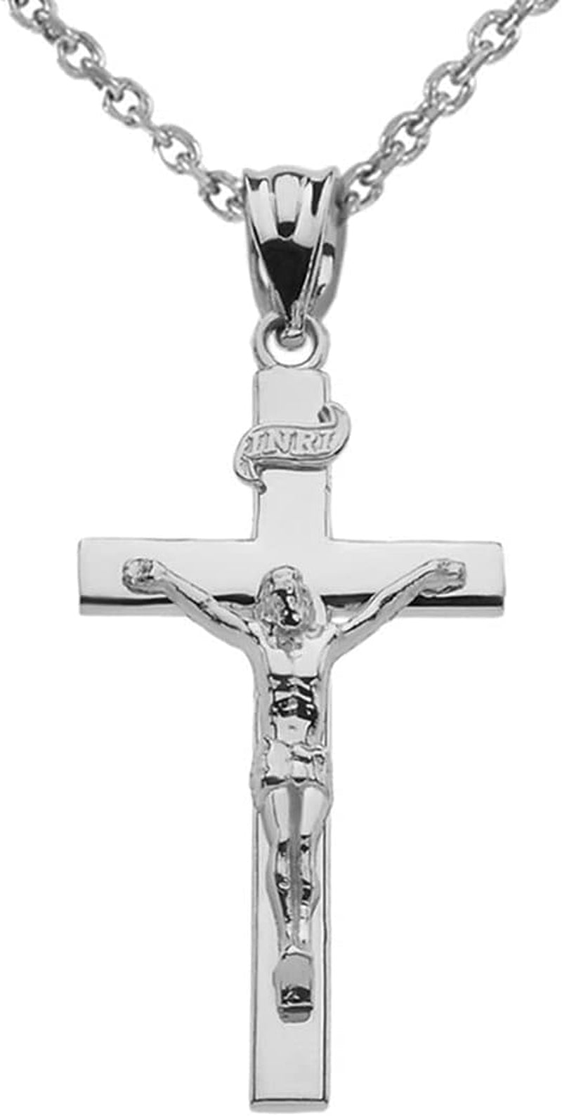 Religious Jewelry Certified 925 Sterling Silver Catholic Jesus Christ on INRI Cross Crucifix Pendant Necklace - Choice of Length - WORLD TIME VISITS