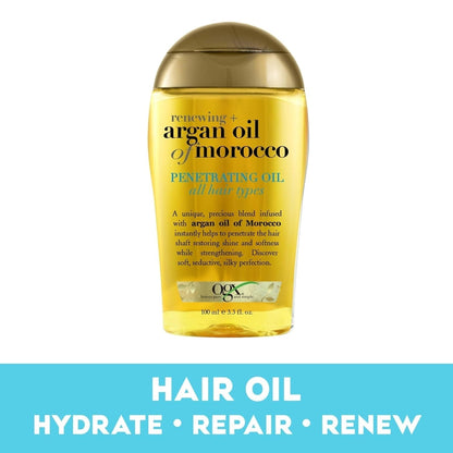 Renewing + Argan Oil of Morocco Penetrating Hair Oil Treatment, Moisturizing & Strengthening Silky Oil for All Hair Types, Paraben-Free, Sulfated-Surfactants Free, 3.3 Fl Oz