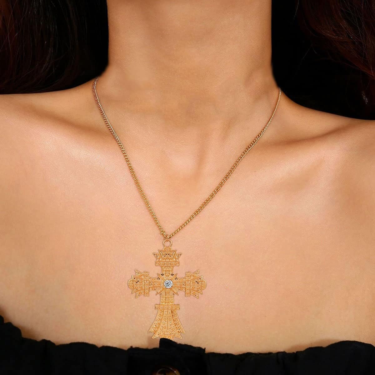 Retro Big Cross Pendant Necklace for Women Men,18K Gold Silver Baroque Crystal Zircon Large Cross Necklace Bar Party Jewelry - WORLD TIME VISITS