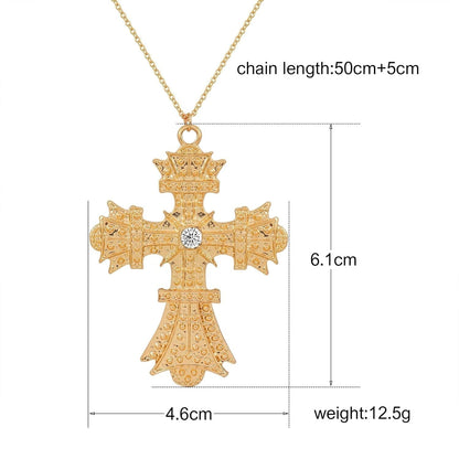 Retro Big Cross Pendant Necklace for Women Men,18K Gold Silver Baroque Crystal Zircon Large Cross Necklace Bar Party Jewelry