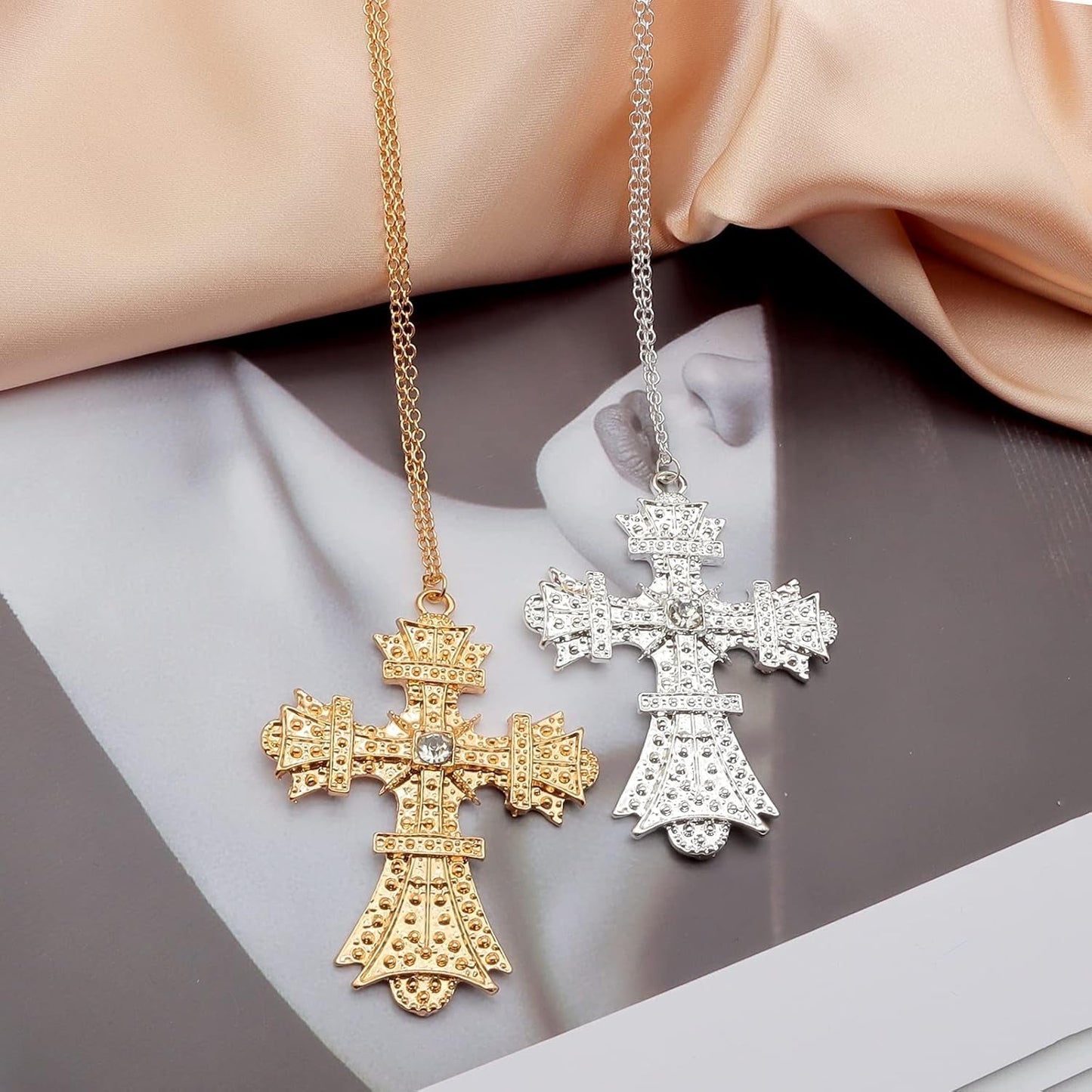 Retro Big Cross Pendant Necklace for Women Men,18K Gold Silver Baroque Crystal Zircon Large Cross Necklace Bar Party Jewelry