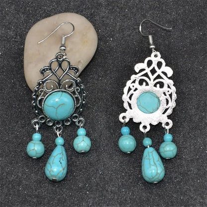 Retro Carved Turquoise Earrings Europe Exaggerated Sapphire Earrings Bohemian Pierced Earrings