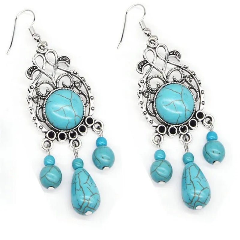 Retro Carved Turquoise Earrings Europe Exaggerated Sapphire Earrings Bohemian Pierced Earrings