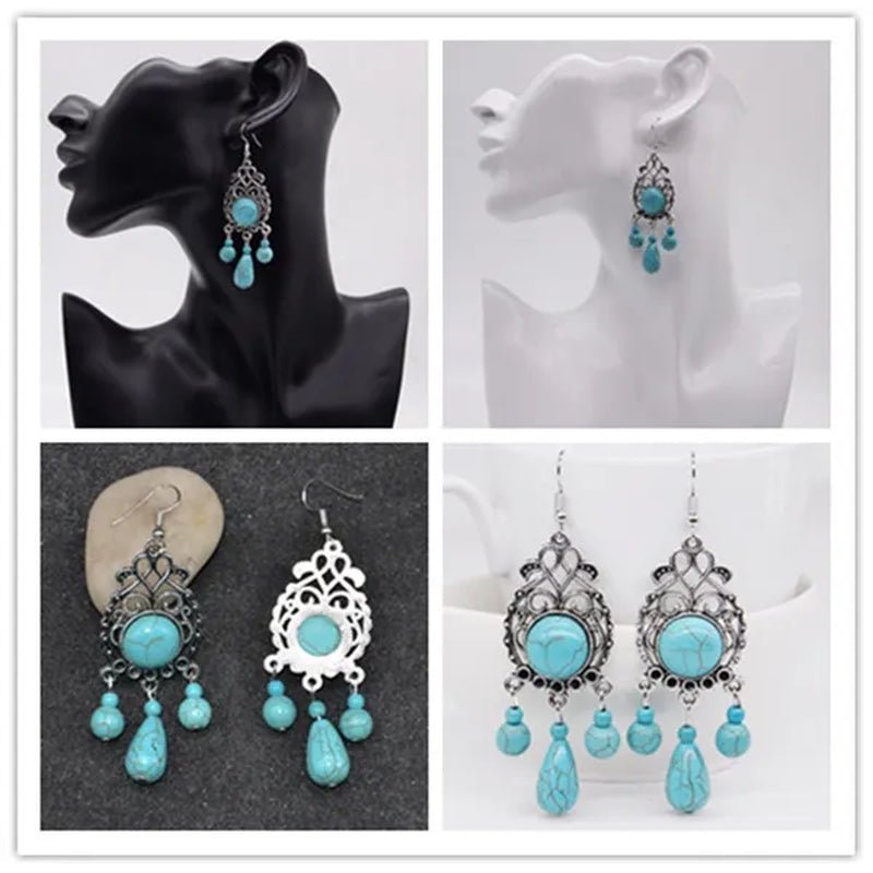Retro Carved Turquoise Earrings Europe Exaggerated Sapphire Earrings Bohemian Pierced Earrings