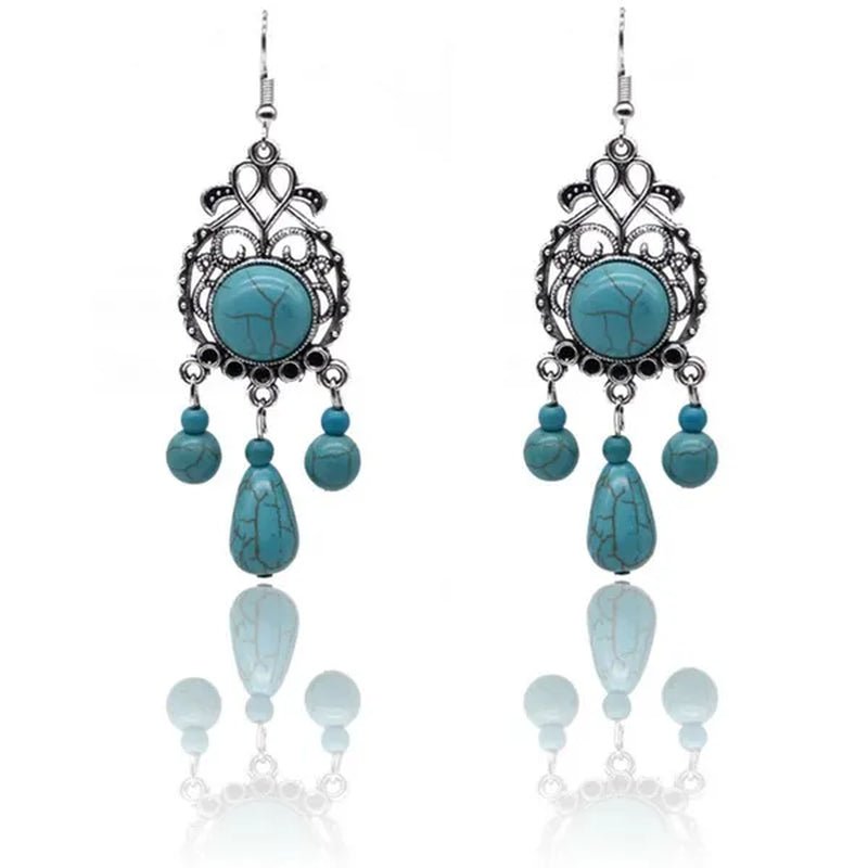 Retro Carved Turquoise Earrings Europe Exaggerated Sapphire Earrings Bohemian Pierced Earrings - WORLD TIME VISITS