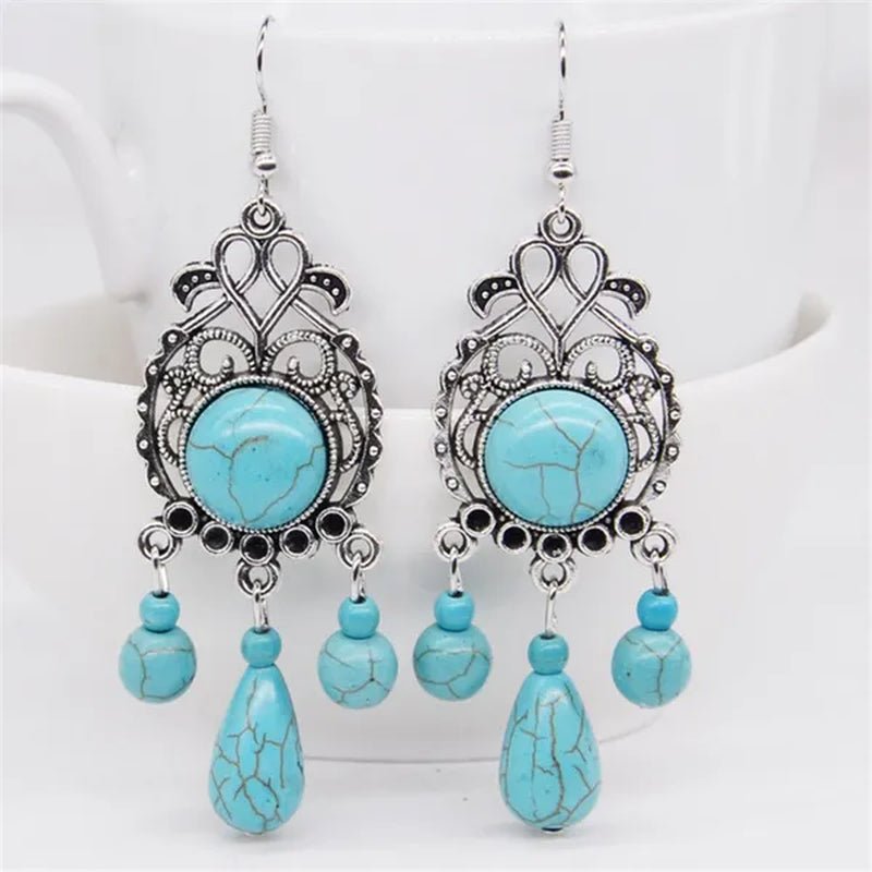 Retro Carved Turquoise Earrings Europe Exaggerated Sapphire Earrings Bohemian Pierced Earrings