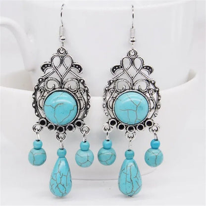 Retro Carved Turquoise Earrings Europe Exaggerated Sapphire Earrings Bohemian Pierced Earrings