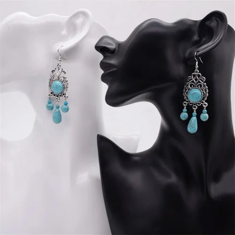 Retro Carved Turquoise Earrings Europe Exaggerated Sapphire Earrings Bohemian Pierced Earrings