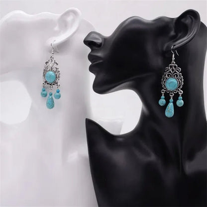 Retro Carved Turquoise Earrings Europe Exaggerated Sapphire Earrings Bohemian Pierced Earrings
