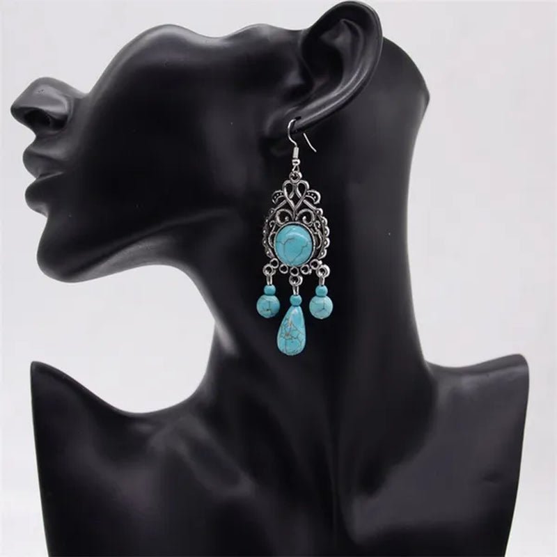 Retro Carved Turquoise Earrings Europe Exaggerated Sapphire Earrings Bohemian Pierced Earrings
