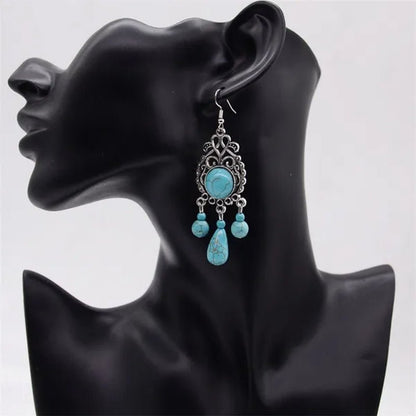Retro Carved Turquoise Earrings Europe Exaggerated Sapphire Earrings Bohemian Pierced Earrings