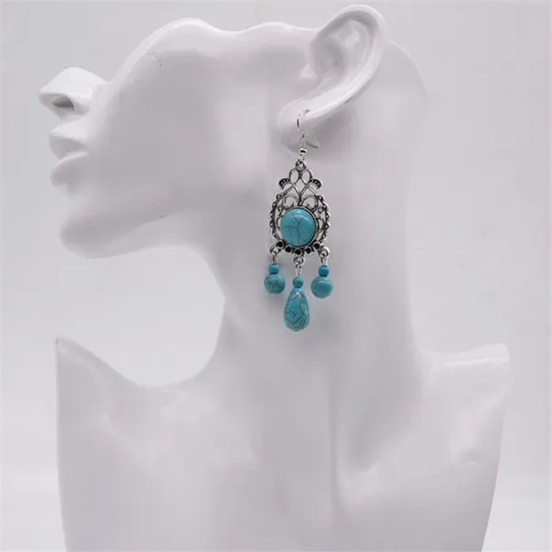 Retro Carved Turquoise Earrings Europe Exaggerated Sapphire Earrings Bohemian Pierced Earrings - WORLD TIME VISITS