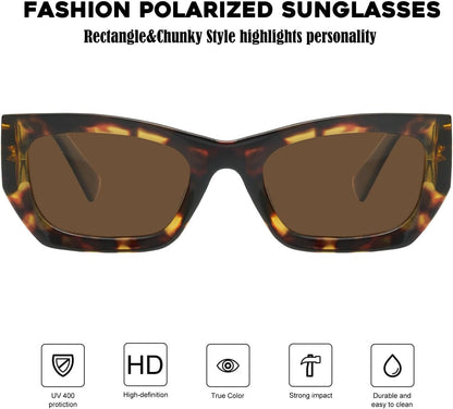 Retro Cat Eye Rectangle Polarized Sunglasses for Women Chunky Style MS52370 - WORLD TIME VISITS