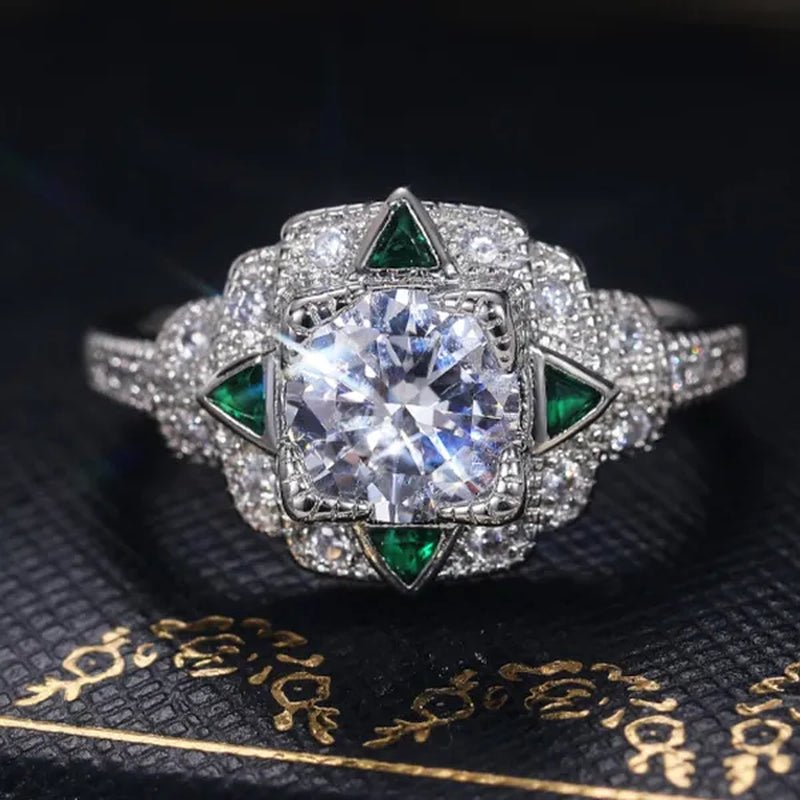 Retro Fashion Silver Plated Round Lab Diamond Vice Stone Moissanite Triangle Emerald Ring Women Daily Casual Personality Jewelry - WORLD TIME VISITS