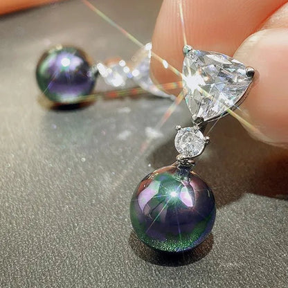 Retro Pearl Drop Earring 925 Sterling Silver 3 Prong Setting Triangle White Sapphire and Diamond Earring for Women Party Jewelry
