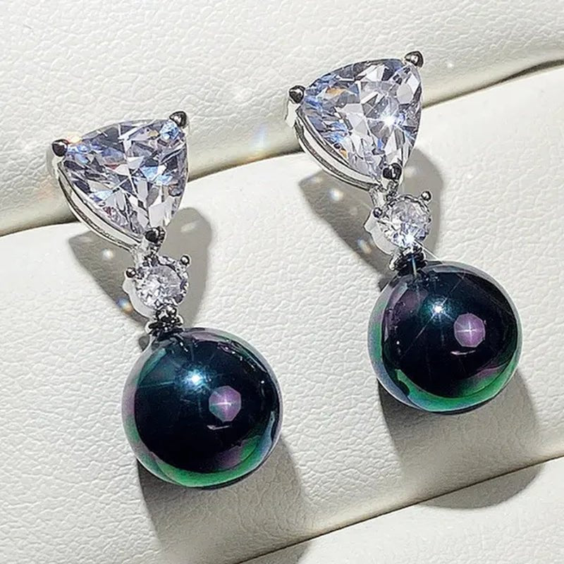 Retro Pearl Drop Earring 925 Sterling Silver 3 Prong Setting Triangle White Sapphire and Diamond Earring for Women Party Jewelry