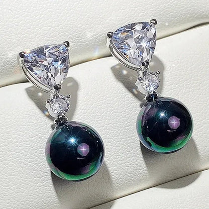 Retro Pearl Drop Earring 925 Sterling Silver 3 Prong Setting Triangle White Sapphire and Diamond Earring for Women Party Jewelry