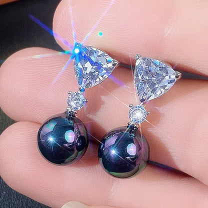 Retro Pearl Drop Earring 925 Sterling Silver 3 Prong Setting Triangle White Sapphire and Diamond Earring for Women Party Jewelry - WORLD TIME VISITS