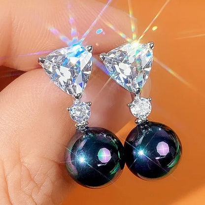 Retro Pearl Drop Earring 925 Sterling Silver 3 Prong Setting Triangle White Sapphire and Diamond Earring for Women Party Jewelry
