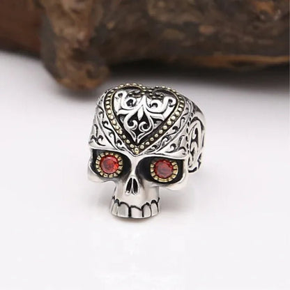 Retro Personality Silver & Gold Skull Ring Ruby Inlay Men's Punk Jewelry - WORLD TIME VISITS