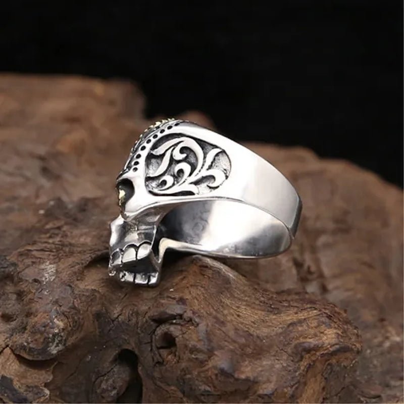 Retro Personality Silver & Gold Skull Ring Ruby Inlay Men's Punk Jewelry